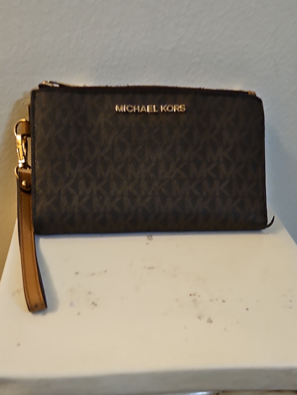 Michael Kors Tan and Brown Signature Phone Wristlet